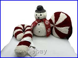 New Pottery Barn Archie Snowman Candy Cane & Peppermint Shaped Pillows Set of 3