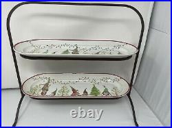 New Pottery Barn Forest Gnome Stoneware 2 Tiered Serving Tray Platter with Stand