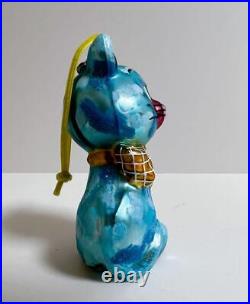 Nnathalie lete hand painted hand blown glass ornament cat Color Blue multicolor