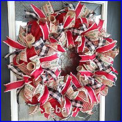 Old Fashioned Country Farmhouse Christmas Deco Mesh Front Door Wreath Decoration