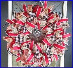 Old Fashioned Country Farmhouse Christmas Deco Mesh Front Door Wreath Decoration