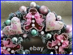 Ooak Pink Rose Garden Tea Pink Christmas Gingerbread Cookies Big 21in. Wreath