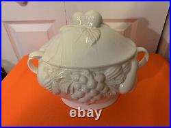 Over and Back Inc White Covered Soup Tureen Punch Bowl Fall Fruit Motif Japan