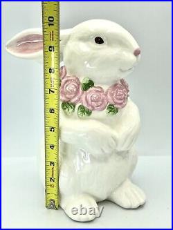 Pair Extra Large Bunnies With Rose Wreath Collars. Ceramic Easter Decor