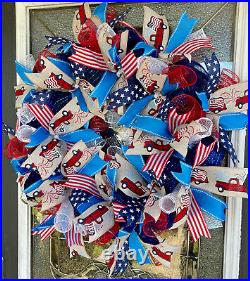 Patriotic 4th of July Old Fashion Country Truck Deco Mesh Front Door Wreath