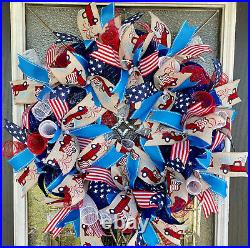 Patriotic 4th of July Old Fashion Country Truck Deco Mesh Front Door Wreath