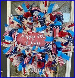 Patriotic Happy 4th of July Old Country Truck Deco Mesh Front Door Wreath Decor