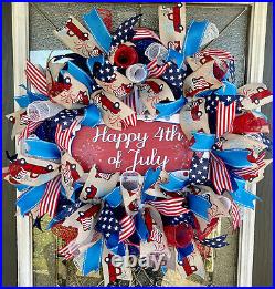Patriotic Happy 4th of July Old Country Truck Deco Mesh Front Door Wreath Decor