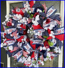 Patriotic USA Floral 4th Fourth of July Deco Mesh Front Door Wreath Home Decor