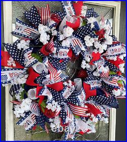 Patriotic USA Floral 4th Fourth of July Deco Mesh Front Door Wreath Home Decor