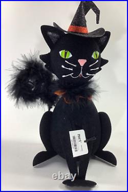 Pier 1 Imports 10 Flocked Glitter Black Cat Witches Hat Feather Halloween Decor