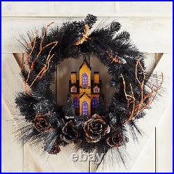 Pier 1 Imports LED Pre-Lit 20 Halloween Haunted Mansion House Wreath Black NWT