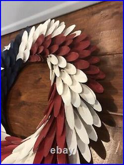 Pier-1 Patriotic Red White Blue American Flag Wreath Wood Curl July 4th Wreath