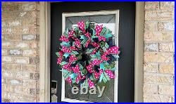 Pink Polka Dot & Aqua Front Door Deco Mesh Wreath Spring Summer Everyday