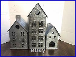 Pottery Barn Galvanized Small, large House, Christmas Trees Lot 8 Pieces Village
