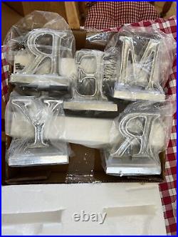 Pottery Barn Gilded MERRY Set Of 5 Stocking Holders Antique Aluminum NWT