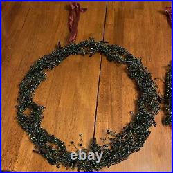 Pottery Barn Green Glass Beaded Wreath Berries Leaves Set Lot Of 2 With Ribbon 19