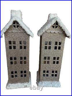 Pottery Barn PBK Glitter Galvanized Village House Tall X 2 Christmas Decor Snow