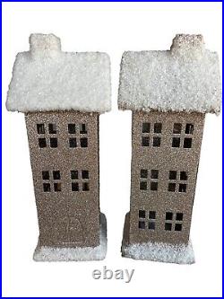 Pottery Barn PBK Glitter Galvanized Village House Tall X 2 Christmas Decor Snow