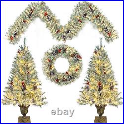Pre-lit Artificial Christmas 4-Piece Set, Garland, Wreath Set of 2 Entrance Trees