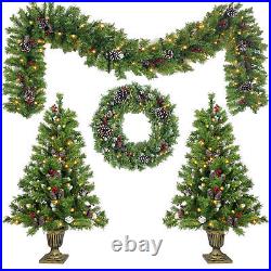 Pre-lit Artificial Christmas 4-Piece Set Wreath and Set of 2 Entrance Trees NEW