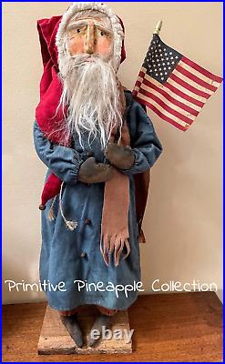 Primitive Early American Hand Sculpted USA Santa Flag Clay Face Doll Stand 24