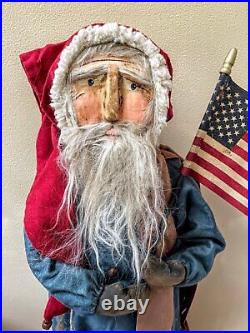 Primitive Early American Hand Sculpted USA Santa Flag Clay Face Doll Stand 24