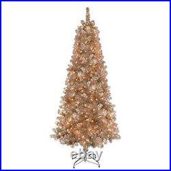 Puleo International 6.5 Foot Pre-Lit Rose Gold Tinsel Artificial Christmas Tr