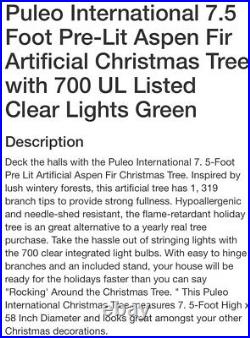 Puleo International 7.5 Foot Pre-Lit Aspen Fir Artificial Christmas Tree