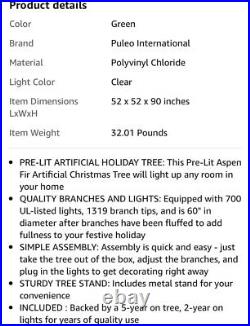 Puleo International 7.5 Foot Pre-Lit Aspen Fir Artificial Christmas Tree