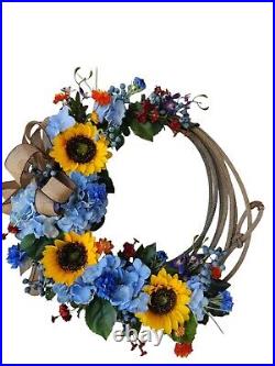 RUSTIC WESTERN Lariat Rope Wreath, with Sunflowers, Blue Flowers Plus More