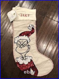Rare! NWT Pottery Barn Teen Sequin Grinch Christmas Stocking Mono Jake
