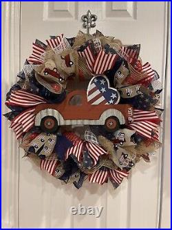 Red Truck Patriotic WREATH Red, White and Blue wreath 26 VERY FULL JULY 4th