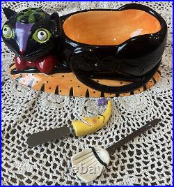 Retired 2006 Department 56 Halloween Black Cat Cheese Server Knife Spoon Bowl