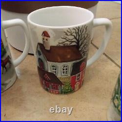 S/4 Pottery Barn Winter Village coffee cups Mugs Holiday Christmas with BOX