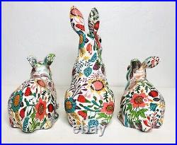 Set 3 Floral Rabbits Bunnies Bunny Easter Decor Decoupage Style Figurines Resin