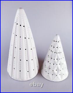 Set Of 2 NEW Crate and Barell LED White Ceramic Christmas Trees 12 & 8 T