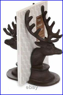 Set of 2 Cast Iron Stag Head Deer Antler Book Ends Heavy Vintage Style Bookends