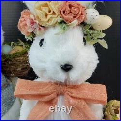 Set of 2 EASTER WHITE SISAL BUNNY COUPLE With BASKETS OF EGGS & CHICK