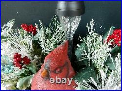 Solar light+Cardinal Christmas Cemetery Double Headstone Saddle+Vase Bushes