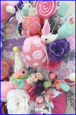 Spring Easter Wreath Pink Chick Party Hat Bunnies Lollipops Marshmellows Cones