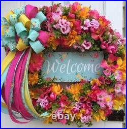 Spring Summer Mothers Day Door Wall Floral Wreath Handmade Mint Pink Yellow Ribb