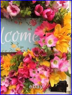 Spring Summer Mothers Day Door Wall Floral Wreath Handmade Mint Pink Yellow Ribb