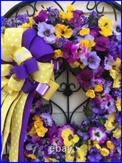 Spring Summer Mothers Day Door Wall Floral Wreath Purple Pansies Handmade