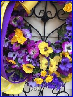 Spring Summer Mothers Day Door Wall Floral Wreath Purple Pansies Handmade