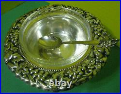 Sterling Silver Dipping Or Honey Dish With Stand & Silver Spoon, Clear Bowl