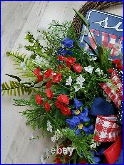 Summer Floral Grapevine Wreath for Front Door, Patriotic Wreath, Handmade Wreath