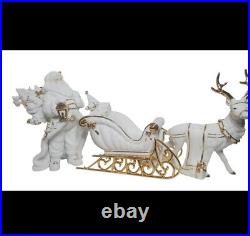 TRADITIONS White Porcelain Santa with Sleigh and Reindeer Christmas Centerpiece