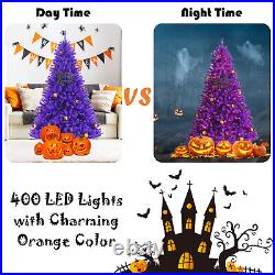 Topbuy Artificial Purple Christmas Tree, Prelit Purple Halloween Tree with Orange