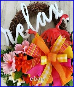 Tropical Summer Flamingo Wreath, Beach House Wreath for Front Door